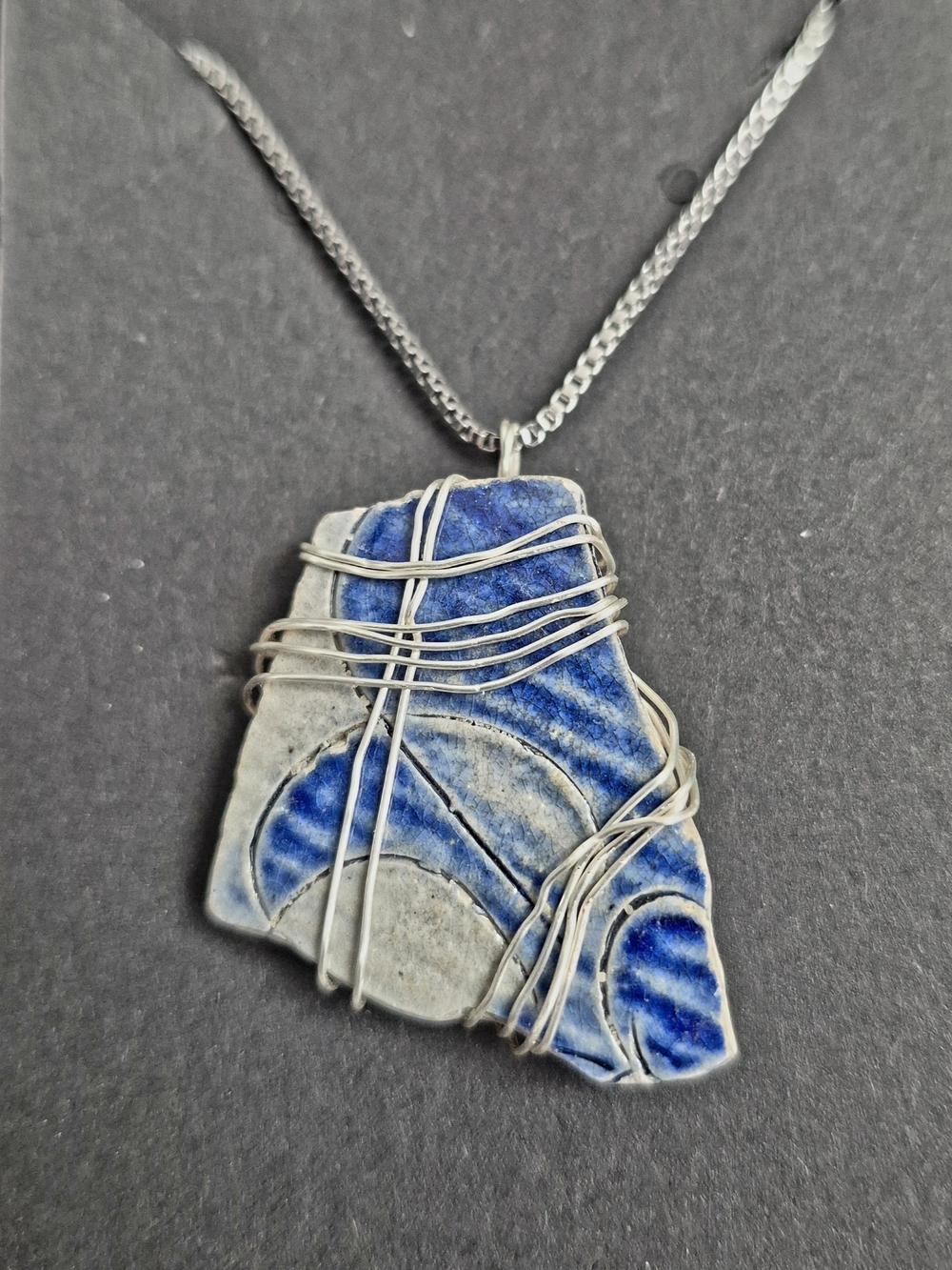 Handcrafted Blue Ceramic & Silver Wire Pendant Necklace